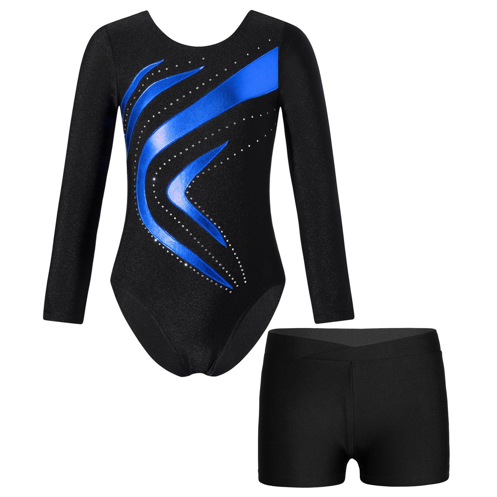 Mädchen-Trikot, langärmelig, glitzernd, sportlich, für Tanz, Gymnastik, Eiskunstlauf, Rollschuh-Kostüm 5-6 Years königsblau