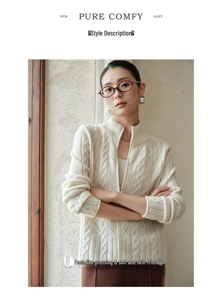 Women's 100% Cashmere Cable-Knit Cardigan Coat – Long Sleeve, Half High Neck, Zip Closure, Loose Fit