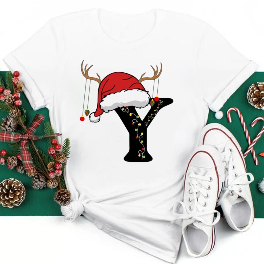 

Christmas Hat A To Z Letters Tshirt Christmas Family Activity Sleeved Streetwear Harajuku Short Sleeve Casual Aesthetic Clothes S