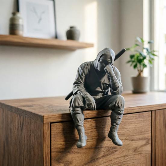 3D Printed Ninja Warrior Figurine with Weapon Small Sitting Thinking Black Samurai Bookshelf Statue for Office Shelf Desk Decor