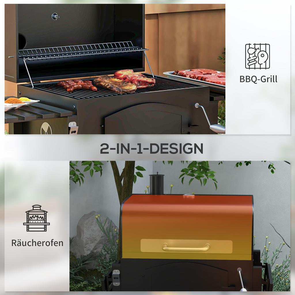 3-in-1 Charcoal BBQ, with Shelves - Black