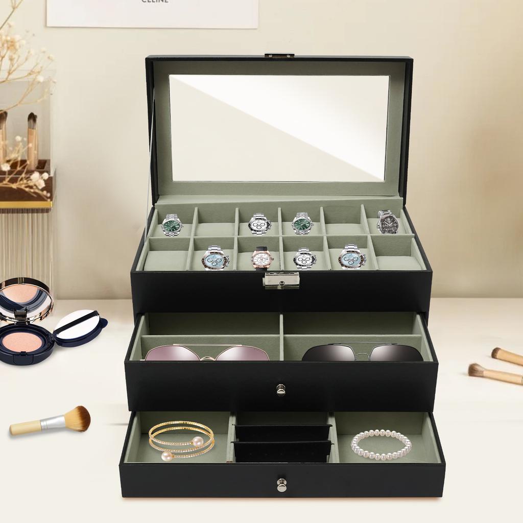 3-Tier Organizer Box for Jewelry, Watches, Glasses & Accessories,Compact Desktop Display Cabinet, Multi-Layer Holder, Home Decor