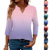 Modisches lässiges Damen-T-Shirt-Top mit Farbblock-Gradienten-Print, V-Ausschnitt, Knopfleiste und Dreiviertelärmeln