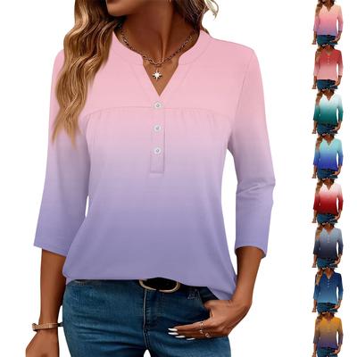Women's Fashionable Casual Color Block Gradient Print V-Neck Button Three-Quarter Sleeve T-Shirt Top