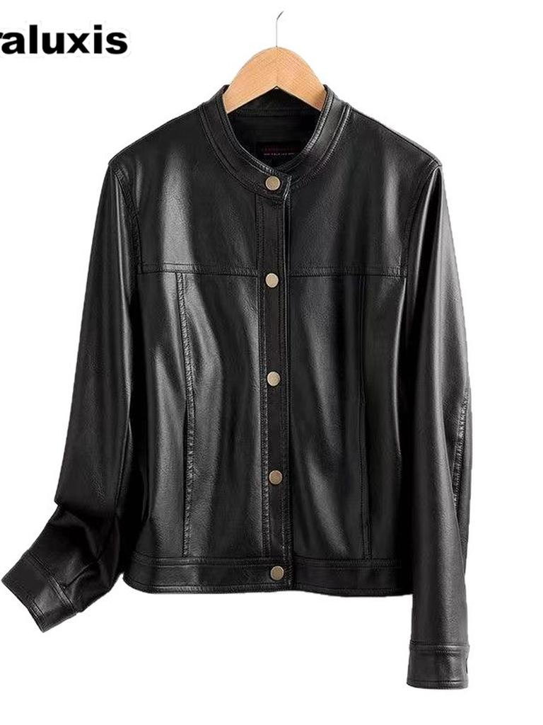 Haining Leather Jacket Short Style Autumn New Loose Casual Fashion Crew Neck Biker Jacket Motorcycle Coat Petite Size