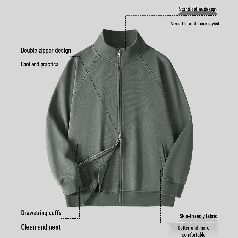 Men's 420g Heavyweight Stand-up Collar Zipper Hoodie - Gray, Spring/Autumn, Loose Fit, Versatile Cardigan.