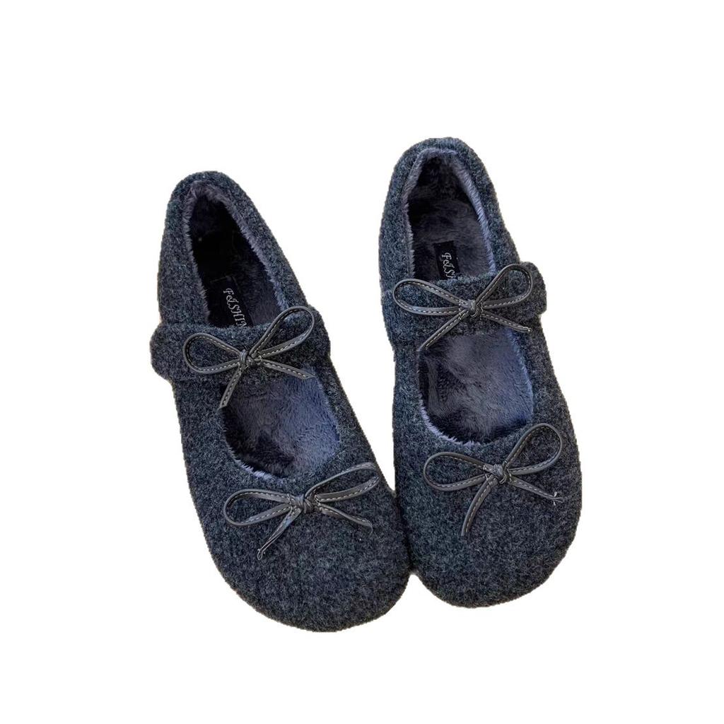 Gentle Wind White Bow Fluffy Shoes Winter Wear Mary Jane One Pedal Lazy Velvet Warm Soft-soled Cotton Shoes