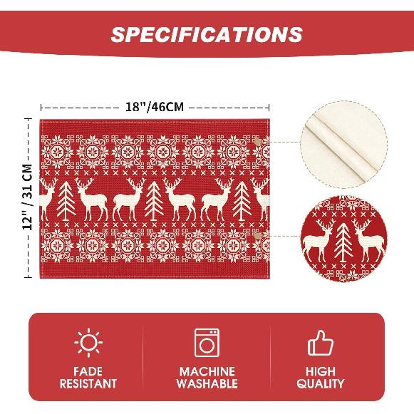 Artoid Mode Fair Isle Pattern Deers Christmas Placemats Set of 4, 12x18 Inch Winter Table Mats for Table Runner Party Kitchen Dining Decoration