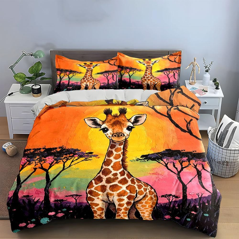 Arte Giraffa con Set Copripiumino Safari al Tramonto Copripiumino Federe (1*Copripiumino 2*Federe, senza piumino)