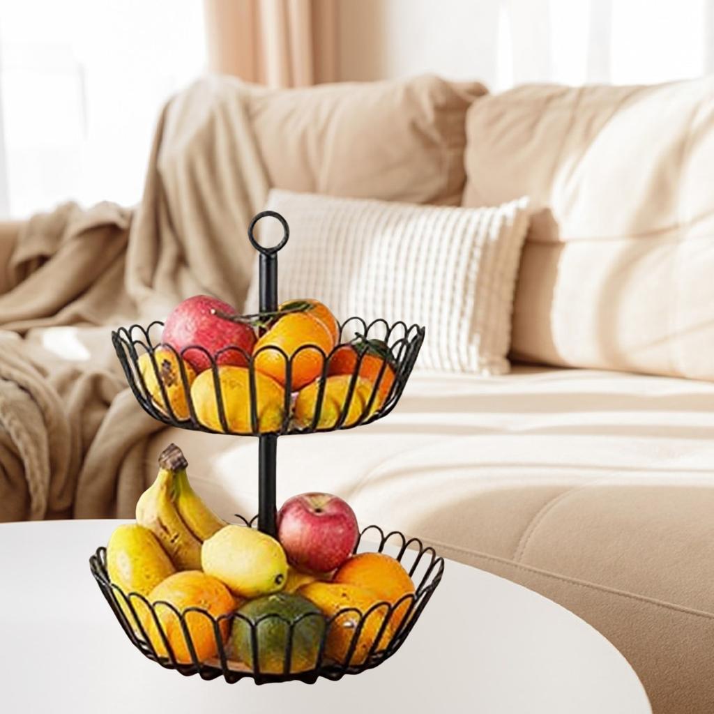 2 Tier Fruit Basket Storage Stand Candy Wooden Base Iron Wire Vegetable Bowl Food Serving Parties Candy Tiered Storage Stand