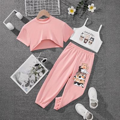Girls' Fashionable Sweatshirt and Long Pants Three-piece Summer Children's Casual Set