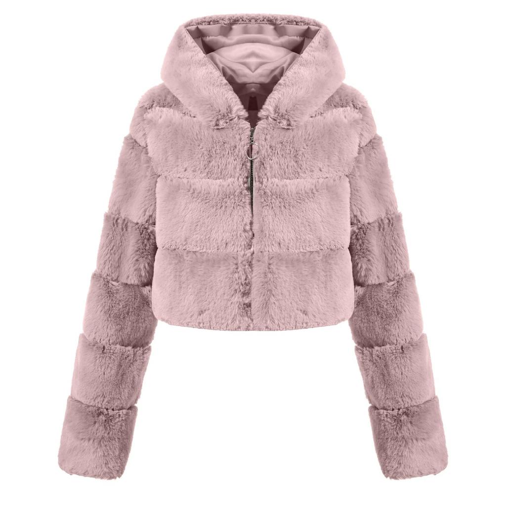 Y2k Streetwear Women Autumn Winter Faux Fur Coat Hooded Cropped Jacket Fur Coat Long Sleeve Cardigan Soft Tops Vintage Harajuku