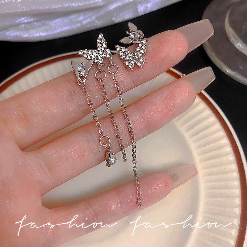 Korean-Style Diamond Tassel Bow Earrings - Elegant Long Earrings for All Occasions