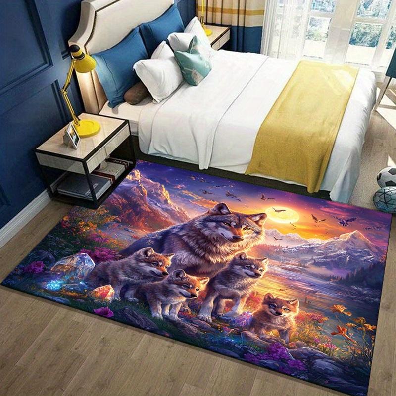 Wolf Pack Sunset Rug for Adventure Lovers - Fantasy Landscape Floor Mat, Wildlife Themed Home Decor Skid resistant carpet