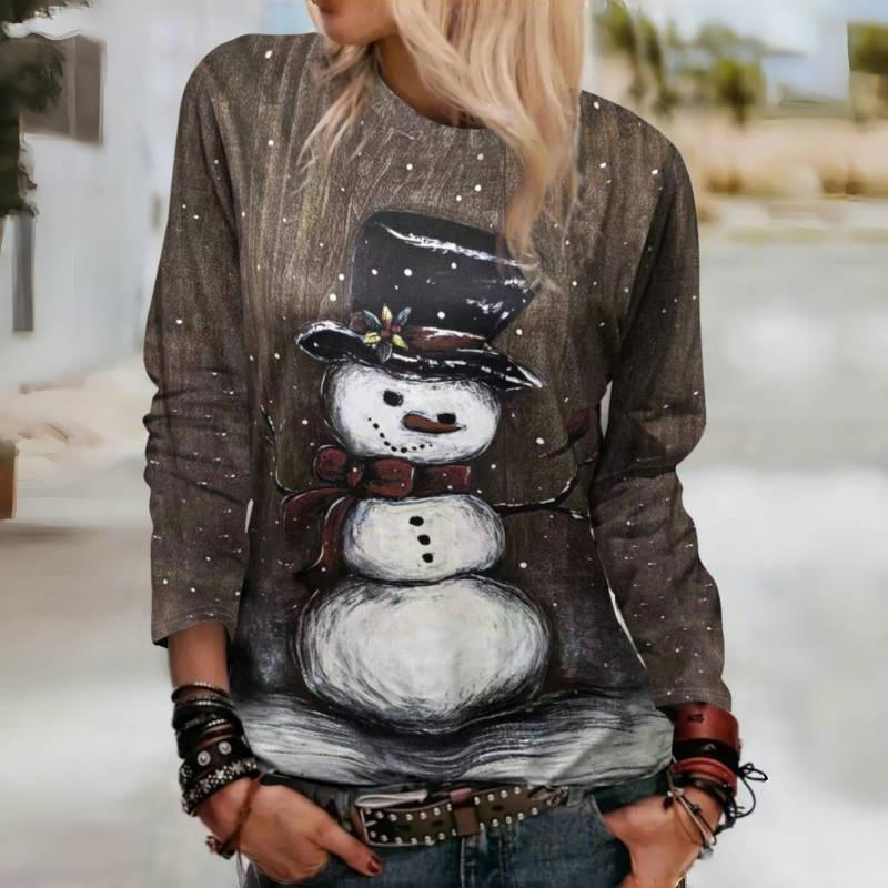 

Women s Clothing 2025 Christmas Snowman Digital Printed Round Neck Long Sleeve Top Knit T-shirt XL