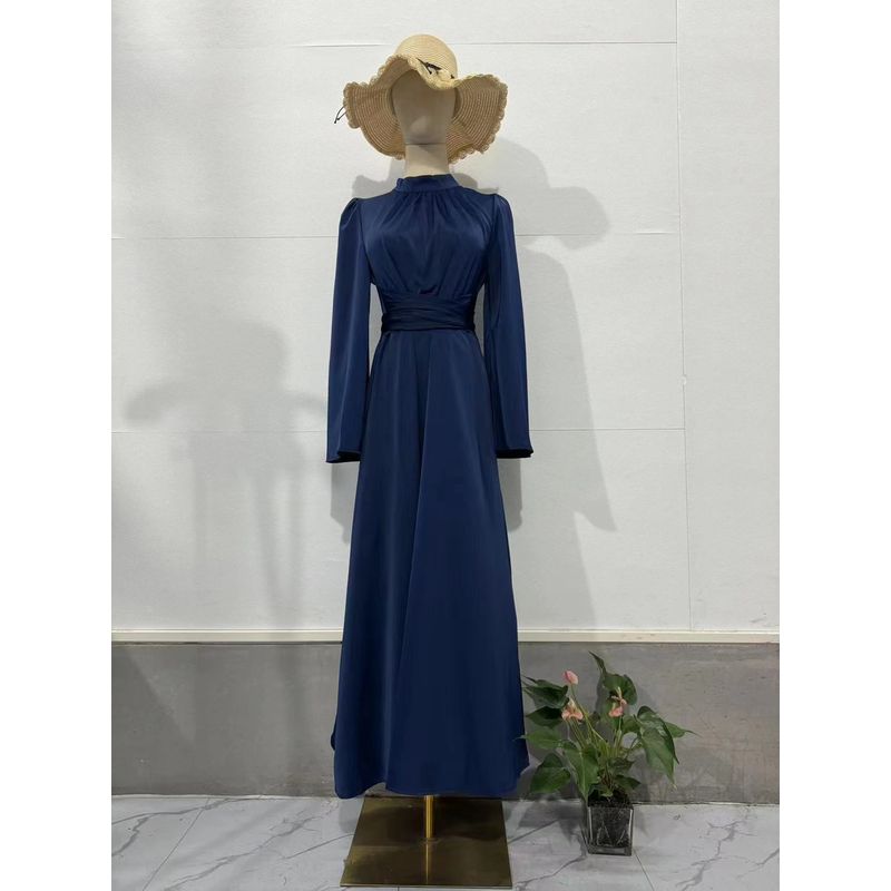 

Fashion Wind New Arrival Lace-up Waist-Controlled Pure Color Dress Half High Neckline Tie up Dress Dark Blue S
