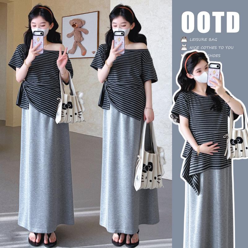 Maternity Summer 2026 Sweet One-Shoulder Top & Skirt Set for a Trendy Mom Look Large