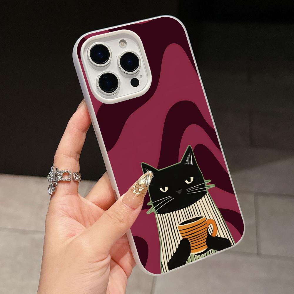 Cute Coffee Cat Jelly Double layer White Mobile Phone Case for iPhone 17 16 15 14 13 12 11 Air Pro Max Plus Protective