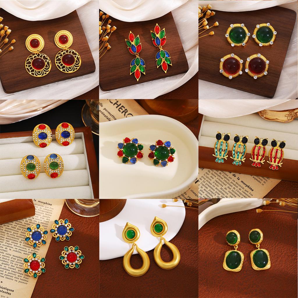 Medieval Vintage Colored Cat Eye Earrings, Heavy Industry Hollowed Out Diamond-Set Court Style High-End Fashion Earrings