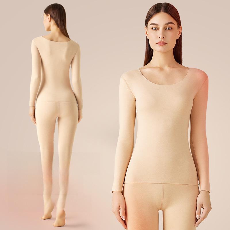 Women's Seamless Brushed Thermal Underwear Set - Round Neck Slim Fit for Autumn and Winter