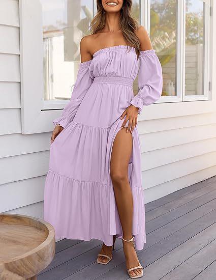 European and American new bohemian sexy off-the-shoulder dress with pleated side split long skirt
