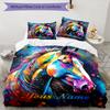 3PC Custom Name Colorful Horse Portrait Bedding Set Duvet Cover Closure Includes 1 Duvet Cover & 2 Pillowcases for Bedroom