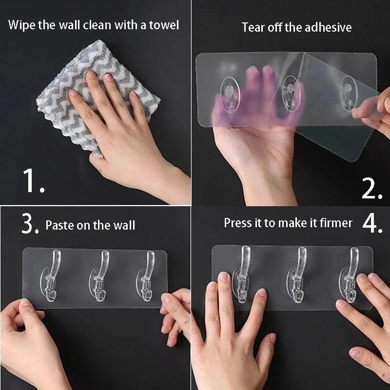6Row Strong Self Adhesive Wall Hooks Nail-free Transparent Multipurpose Holder for Kitchen Bathroom Traceless Hanger Stickers