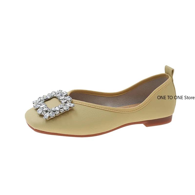 Fashion Plus Size Women Shoes Square Toe Pumps Spring New Rhinestones Buckle Slip On Women's Flat Shoes Ladies Office Work Casual Shoes