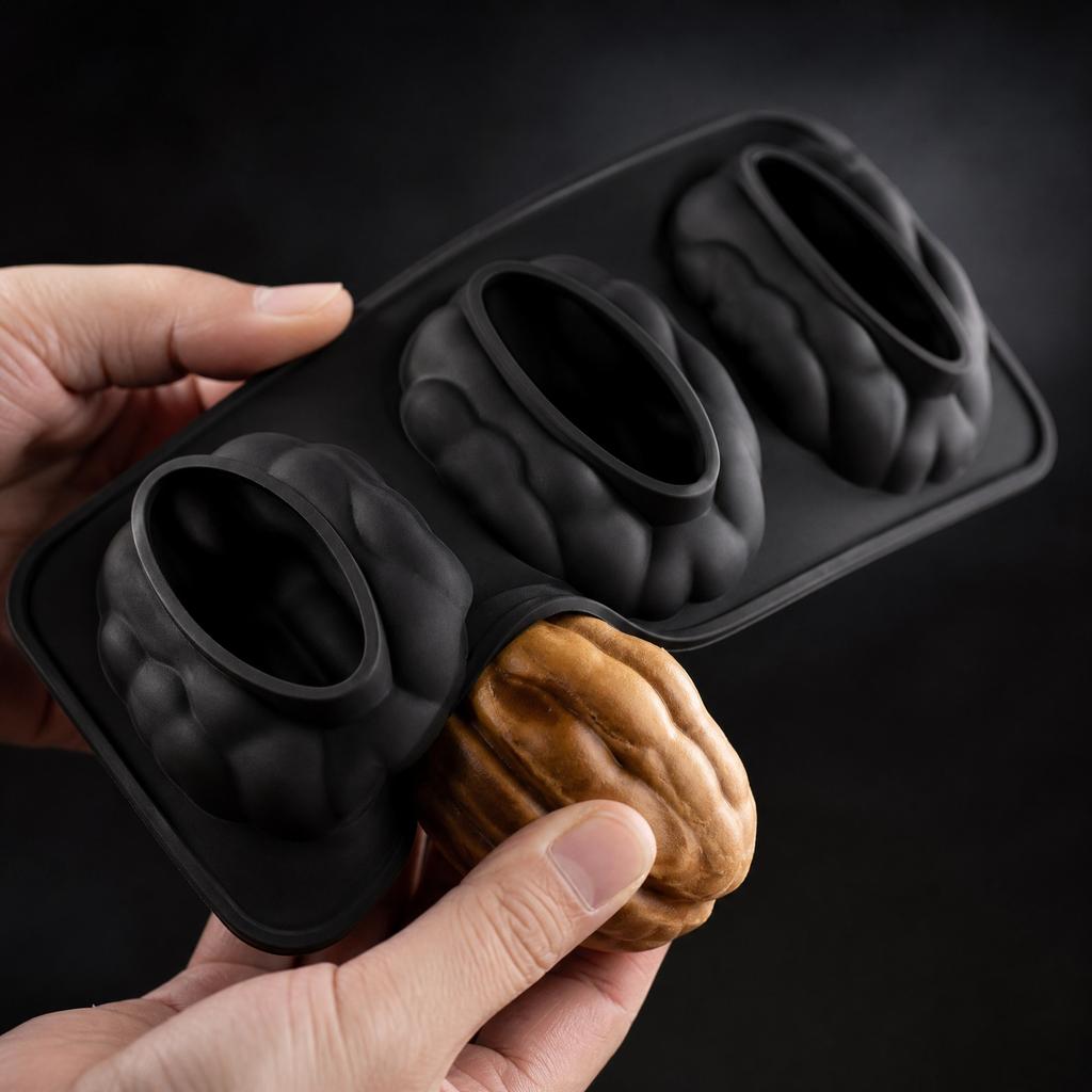 3 Cavity Walnut Shaped Silicone Mousse Cake Mold Food Grade Non Stick Flexible Baking Mold for Pastry Chocolate Jelly Dessert