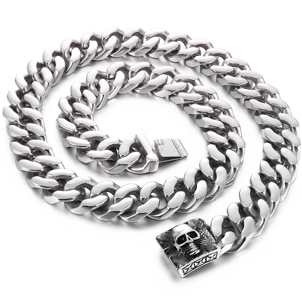 

Масивне 20 мм ширина кубинського ланцюга намисто з черепом голова застібка панк намисто з нержавіючої сталі для чоловіків сміливі ювелірні вироби подарунки 70CM срібний