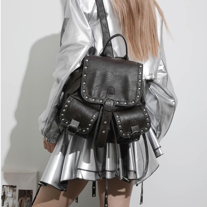 Studded Leather Backpack Women's Fashionable Vintage Style Bag with Adjustable Straps and Multiple Pockets