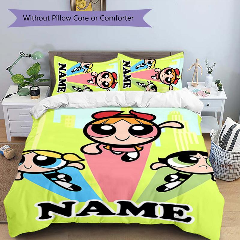 3pcs The Powerpuff Girls9 Cover Set - Personalized Name, HD Printed Bedding with 1 Cover and 2 Pillowcases - Perfect for Home Decor, Easy Care