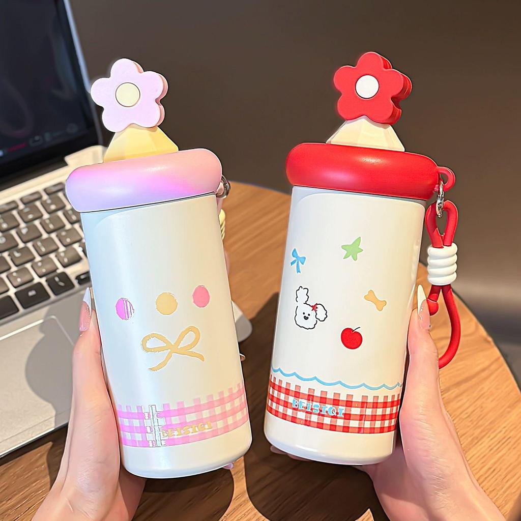 Please Straw Thermos Cup 316 Student Stainless Steel Water Cup Strap High Value Girls Large Capacity Portable Coffee