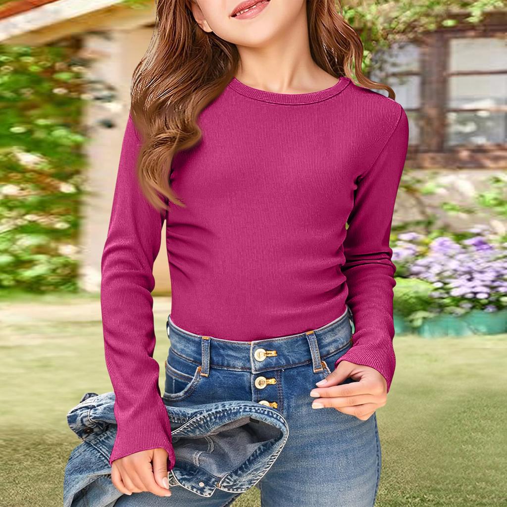 Girls' Ribbed Tee - Long Sleeve Round Neck Casual Top