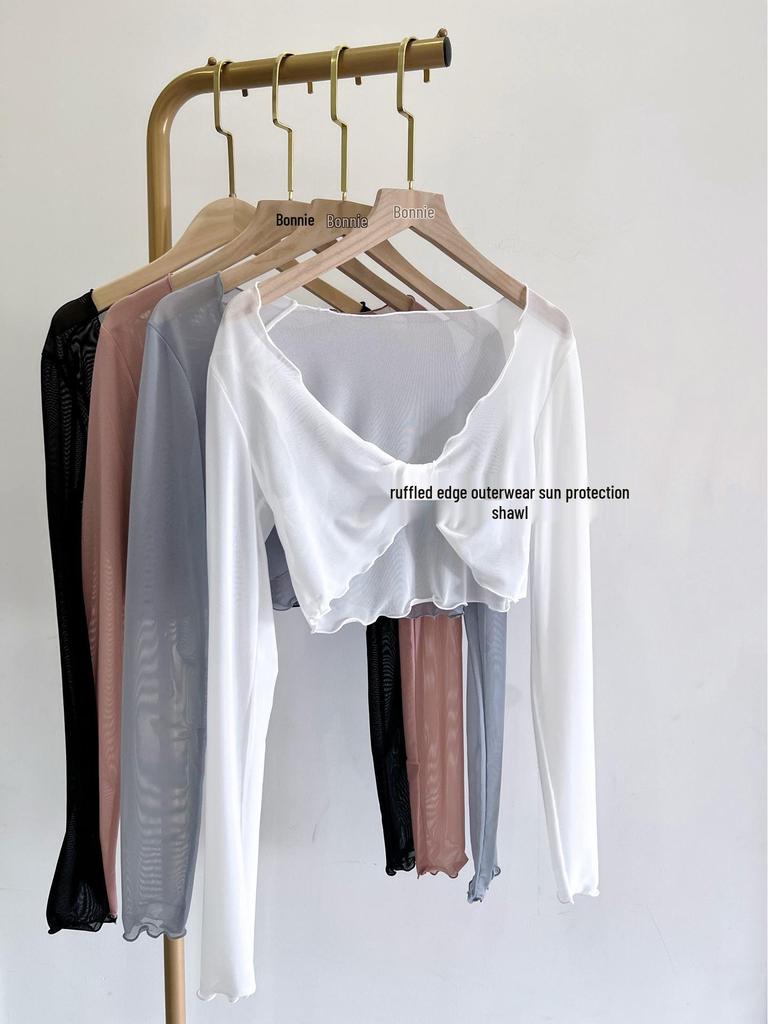 Women's Ballet Dancewear Long Sleeve Mesh Crossover Top - Yoga, Classical, Modern Practice & Sun Protection Shirt