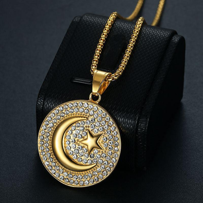 

Muslim Crescent Moon and Star Pendant Stainless Steel Round Necklace Hip Hop Iced Out Women Men Islamic Jewelry Dropshipping 60cm