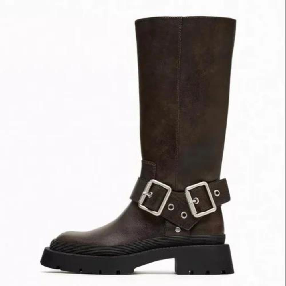 

Women High Boots Fashion Woman Non-slip Winter Zipper PU Leather Knee High Boots Women Chunky Platform Long Boots 40