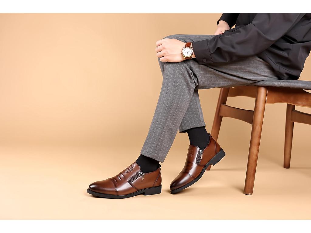 Men's Autumn/Winter Business Casual Leather Shoes with Lion Head Zipper – High & Low Top, Pointed Style