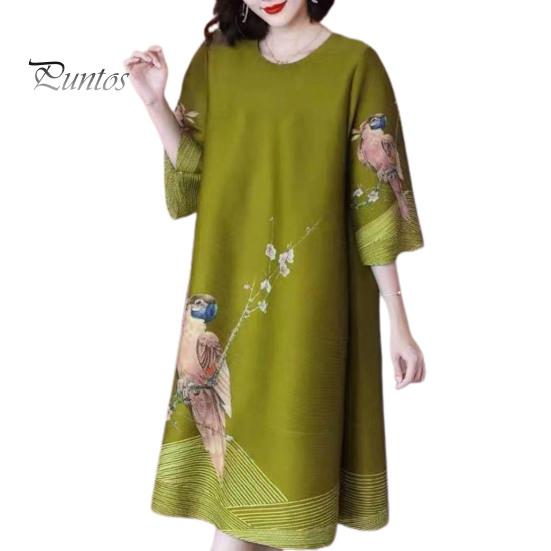 Retro Print Dress Women Summer Three Quarter Sleeves Loose Parrot Ice Printed Silk Knee Length Pullover Party Commute Office Midi O Neck
