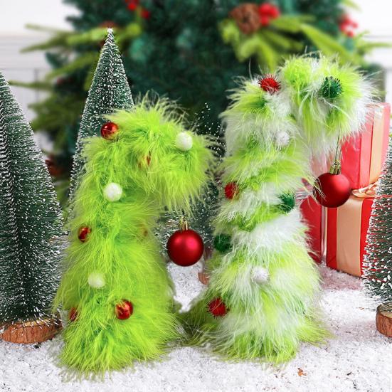 2 Pcs Green Furry Christmas Tree Faux Fur Plush Christmas Tree Tabletop Centerpiece with Red Xmas Ball for Home Party Holiday Decor