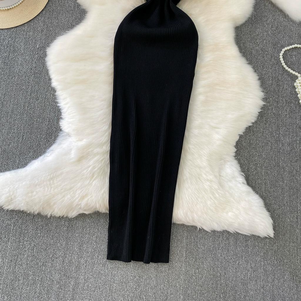 Summer Women Elegant Sleeveless Hollow Out Office Work Midi Knitted Sweater Pullover Sheath Dresses For Ladies