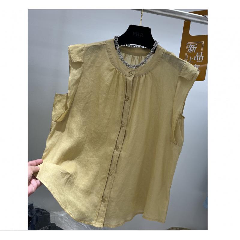 

European Style 2025 Summer Tencel Cotton Linen Flutter Sleeve Women s Top Large світло-жовтого кольору