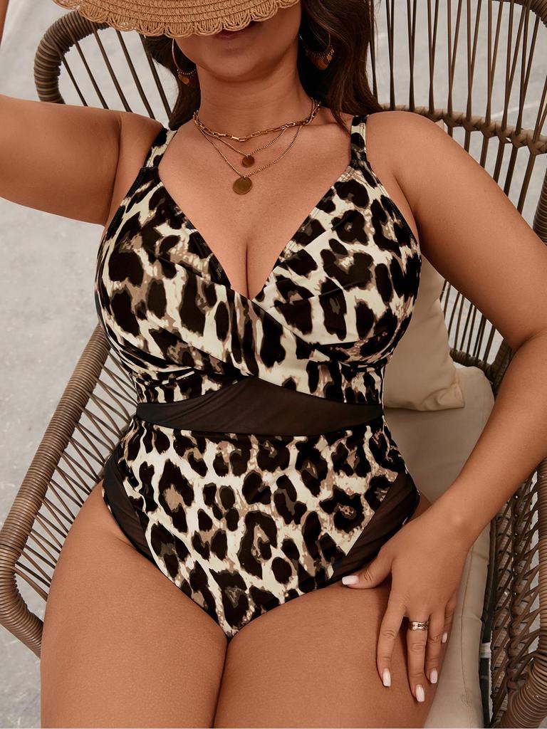 Plus Size Bikini One Piece Swimsuit Women Sexy Deep V-Neck Floral Print Bikini Swimwear Beachwear Tankini