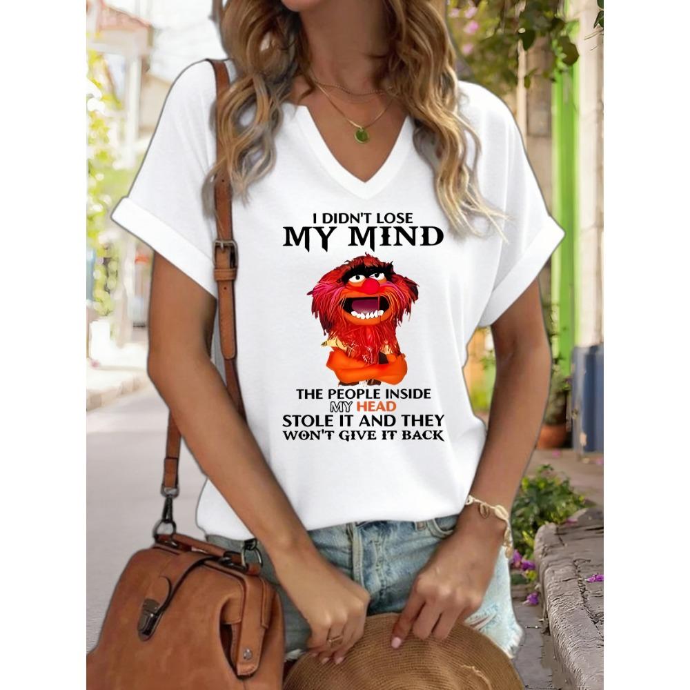 Women's V-Neck "I Didn't Lose My Mind" Graphic Tee, Funny Cartoon Print T-Shirt, Casual Short Sleeve Humor Top
