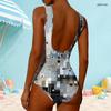 Women Plus Size High Round Neck Sleeveless One Piece Geometric Printed Swimsuit