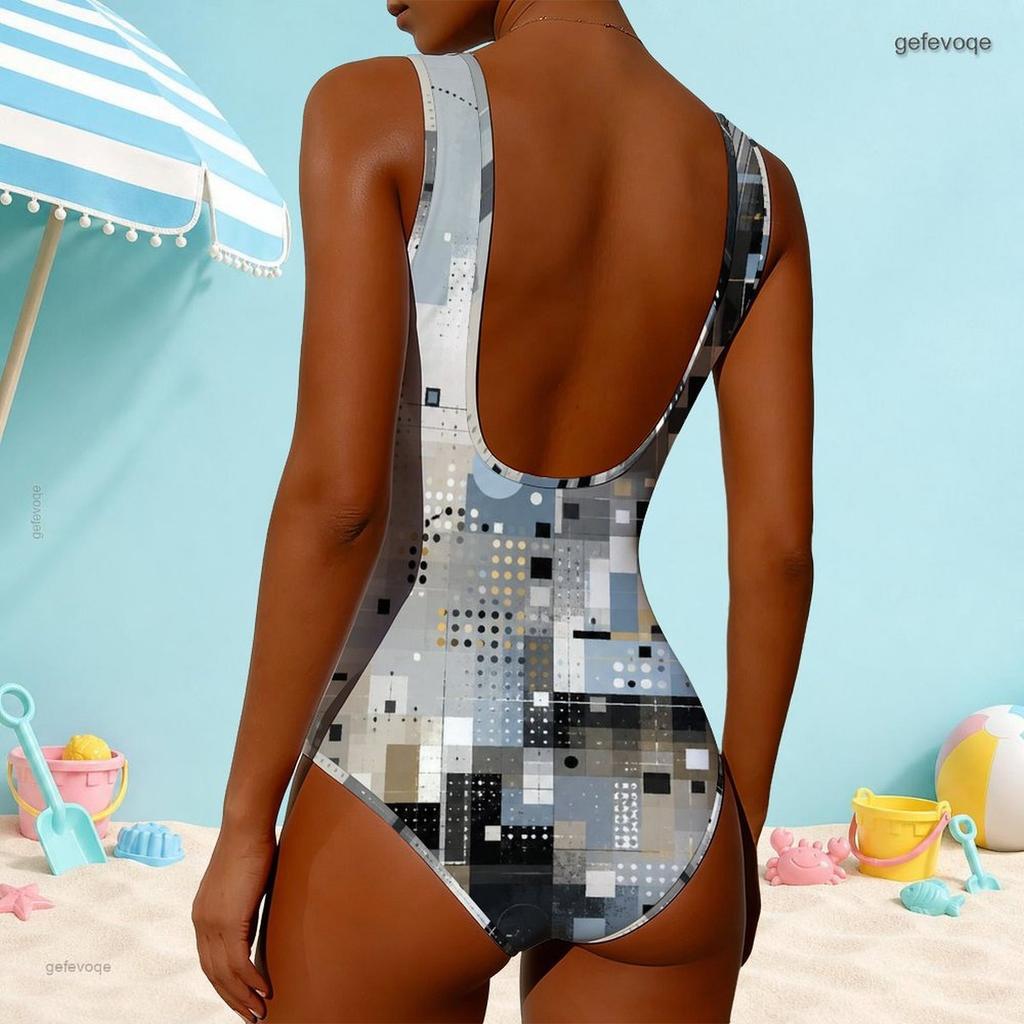 Women Plus Size High Round Neck Sleeveless One Piece Geometric Printed Swimsuit
