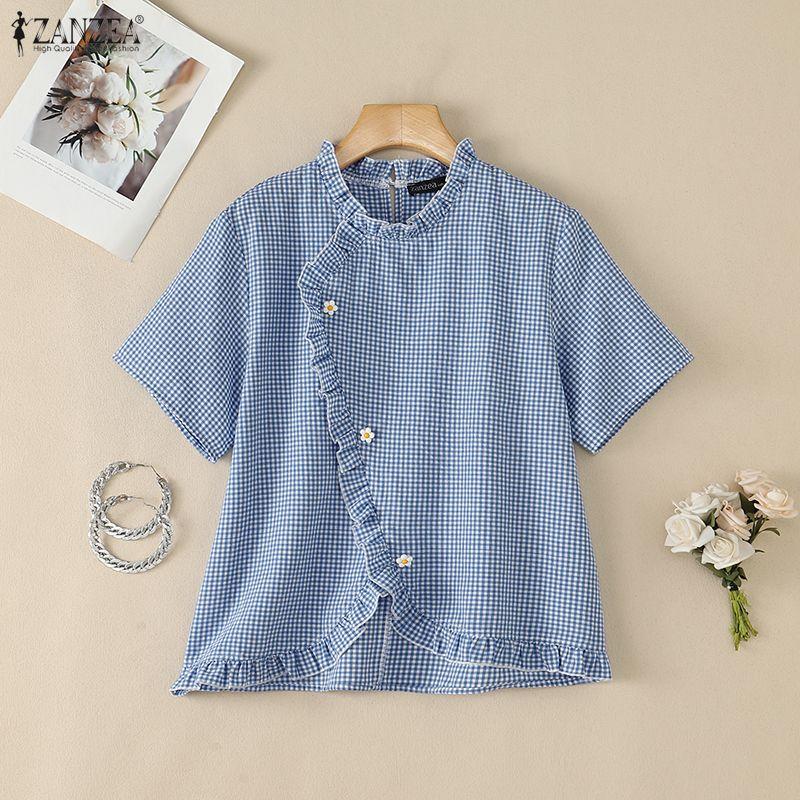 ZANZEA Women Casual Round Neck Plaid Print Loose Short Sleeve Blouse