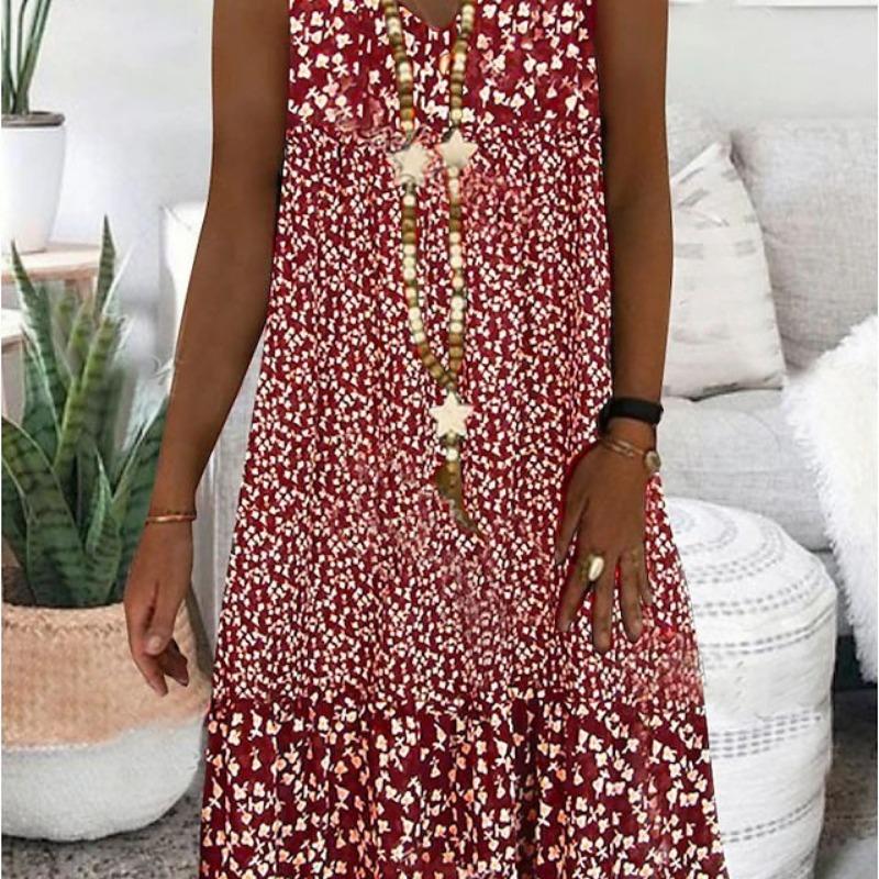 Summer Women's V-neck Sleeveless Dress with Small Floral Prints