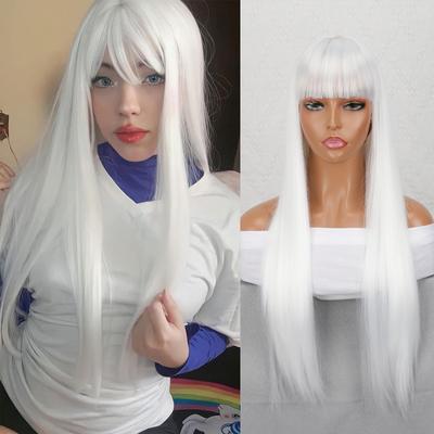 Długa prosta biała peruka z grzywką syntetyczne naturalne peruki różowo-czerwono-brązowa peruka dla kobiet peruki cosplay z włókna