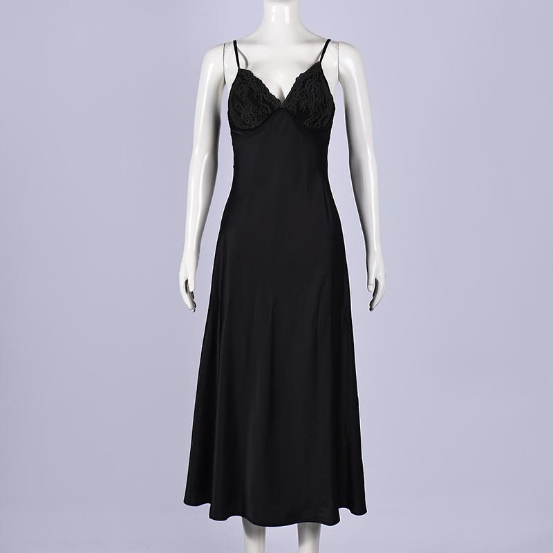 Women Satin Slip Dress Lace Patchwork V Neck Spaghetti Strap Midi Dress Sexy Backless Long Dress Summer Beach Vacation Dress Evening Gown
